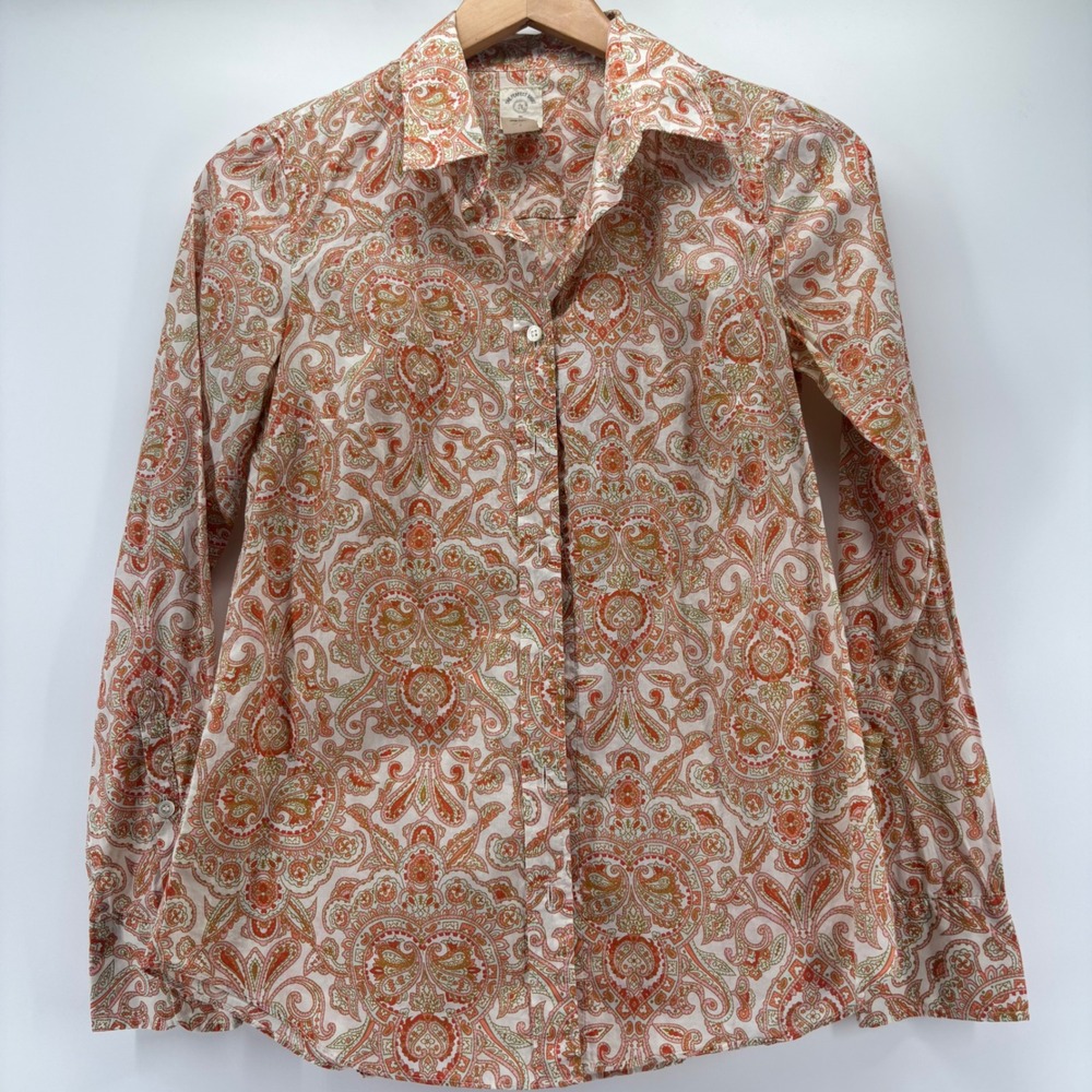 J.Crew The Perfect Shirt Womens 0 Orange Paisley Cotton Button Down Long Sleeve